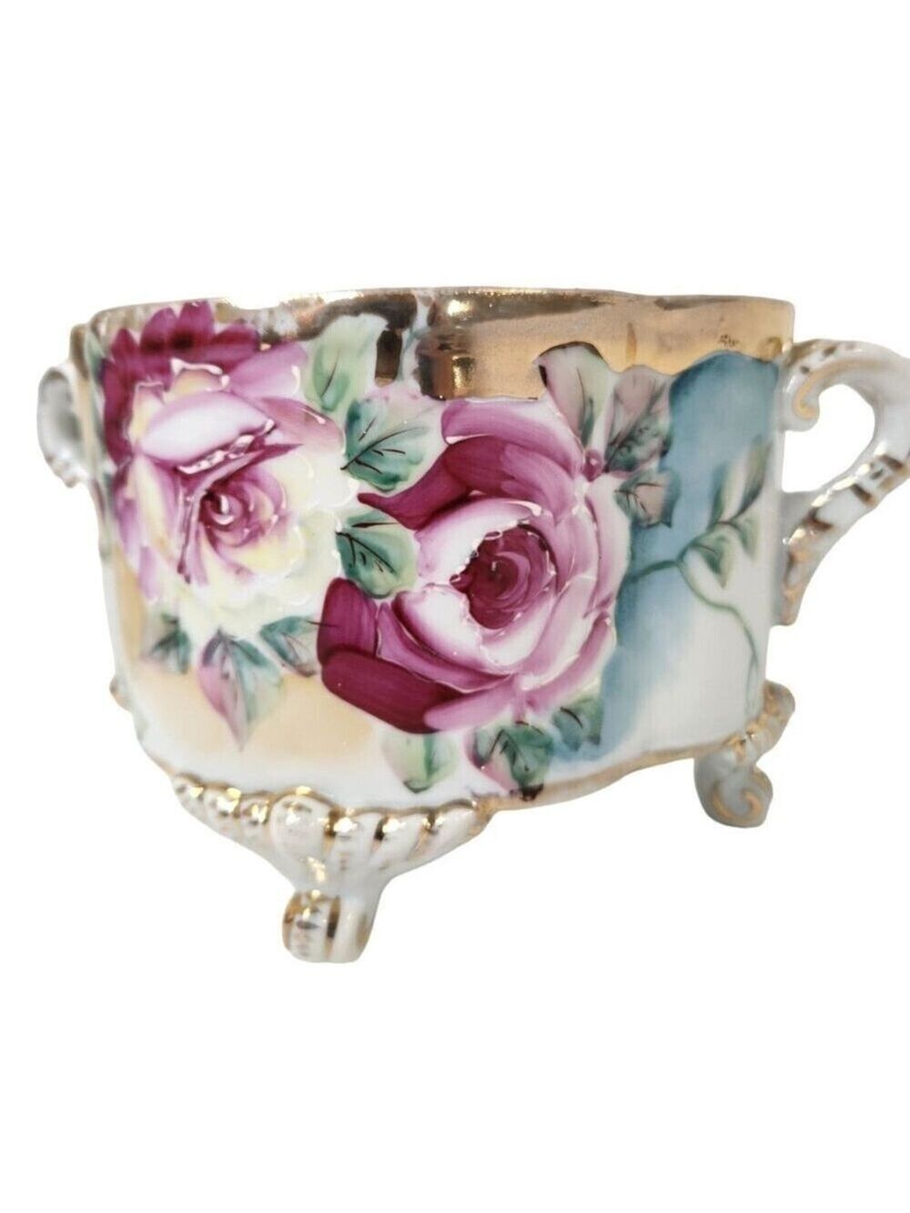 Antique Hand Painted Roses Porcelain Jardiniere Planter